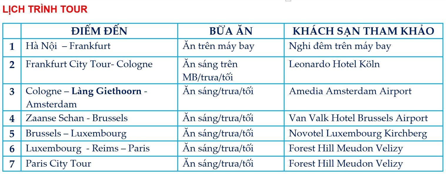 lịch trình tour ĐỨC – HÀ LAN – BỈ - LUXEMBOURG PHÁP